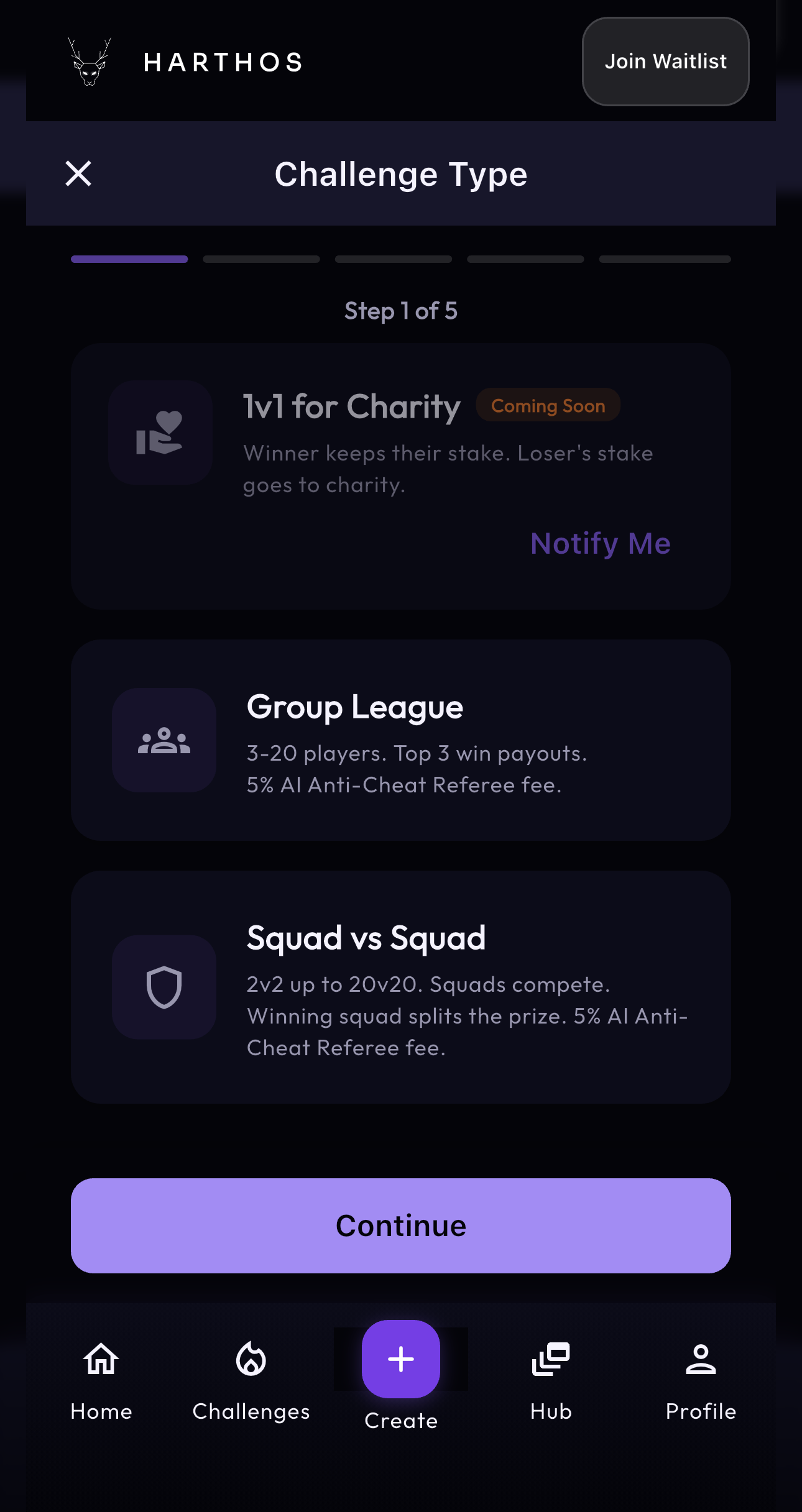 Harthos challenge type screen with one-versus-one challenge selected