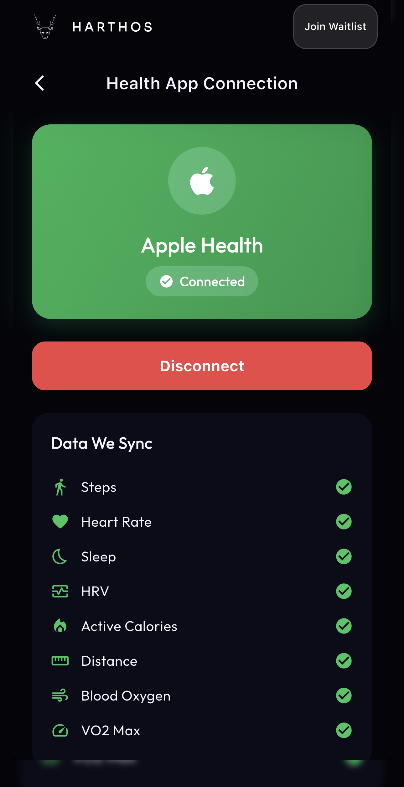 Harthos health app connection screen showing Apple Health connected and synced metrics