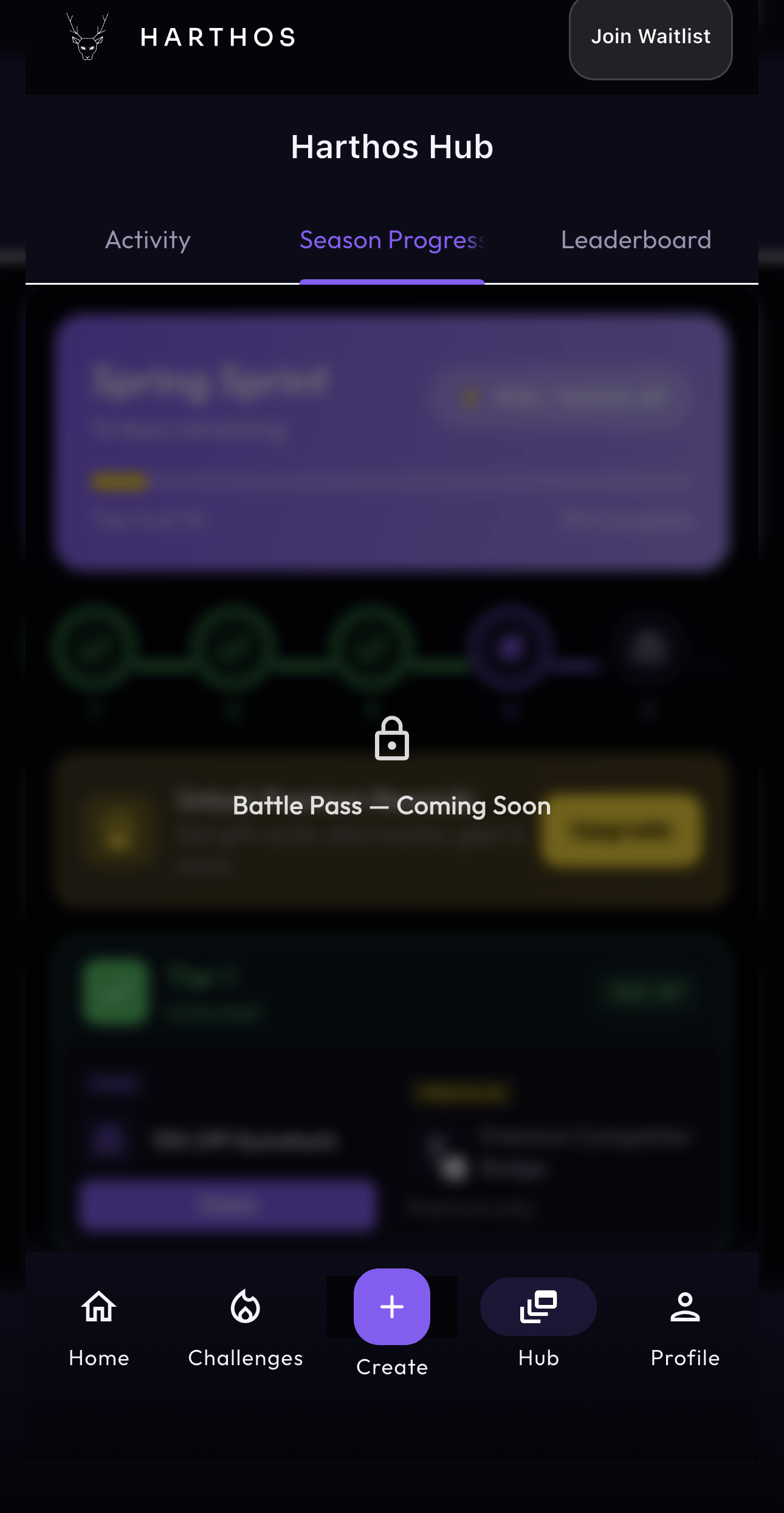 Harthos Hub screen showing activity, season progress, and leaderboard tabs