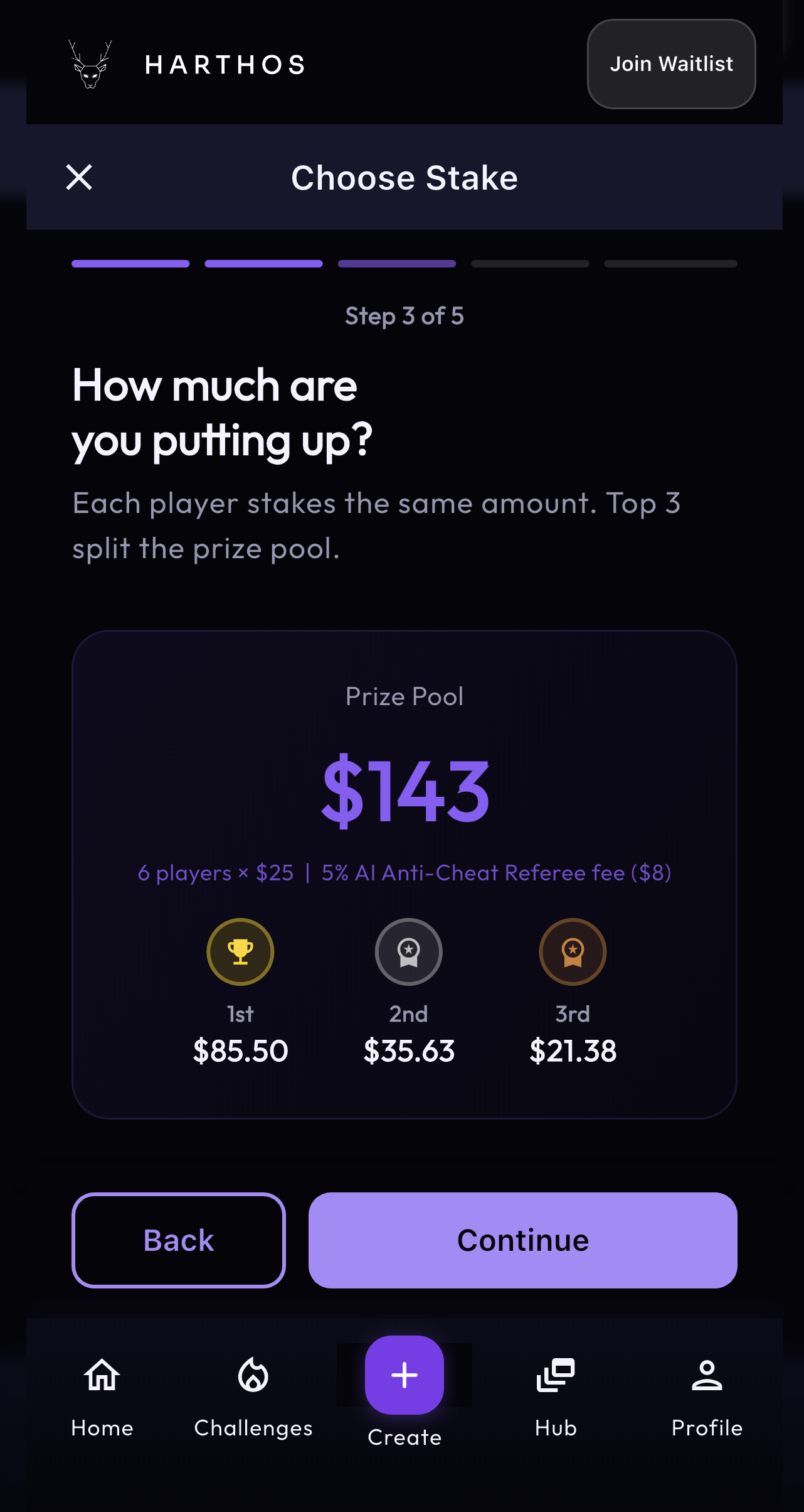 Harthos choose stake screen showing prize pool, payout split, and anti-cheat referee fee