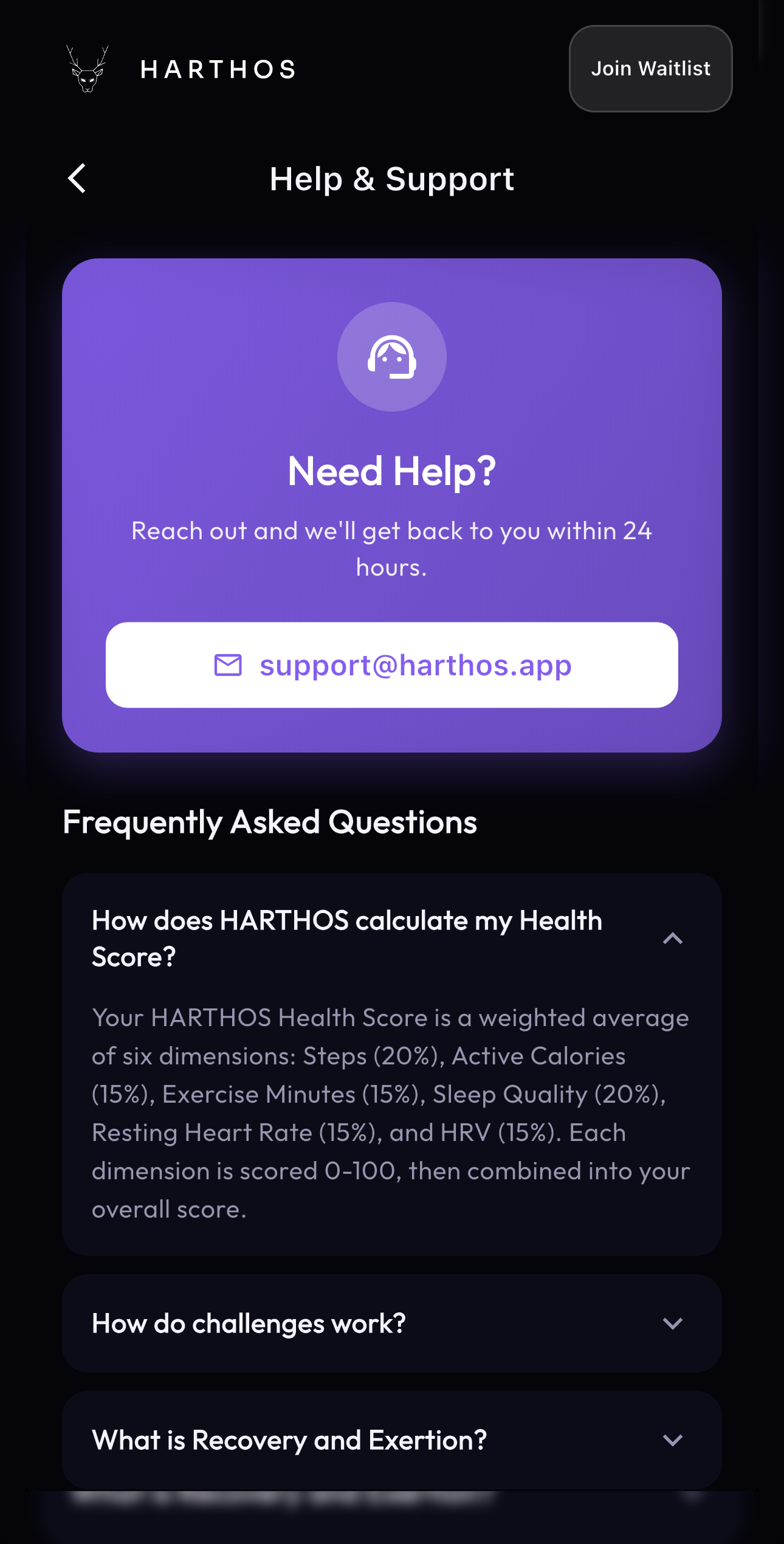 Harthos help and support screen with FAQ and support email